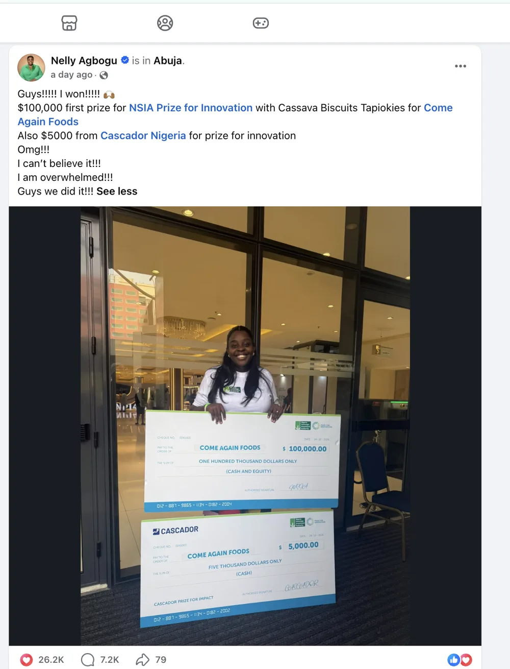 Nelly Agbogu's Facebook post: she won the US$100,000 first prize, NSIA Prize for Innovation, and US$5,000 from Cascador