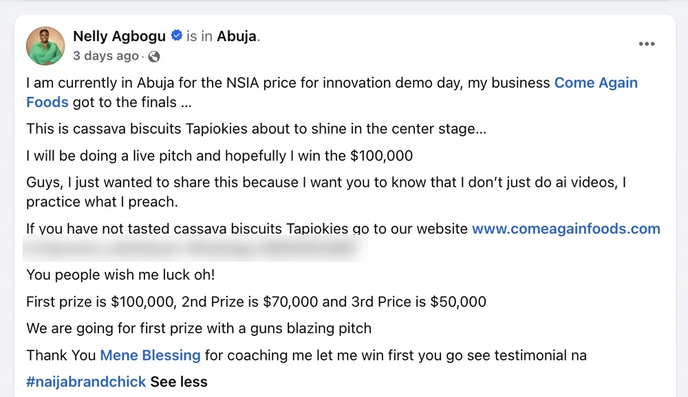 Nelly Agbogu's Facebook post: Thank You Mene Blessing for coaching me