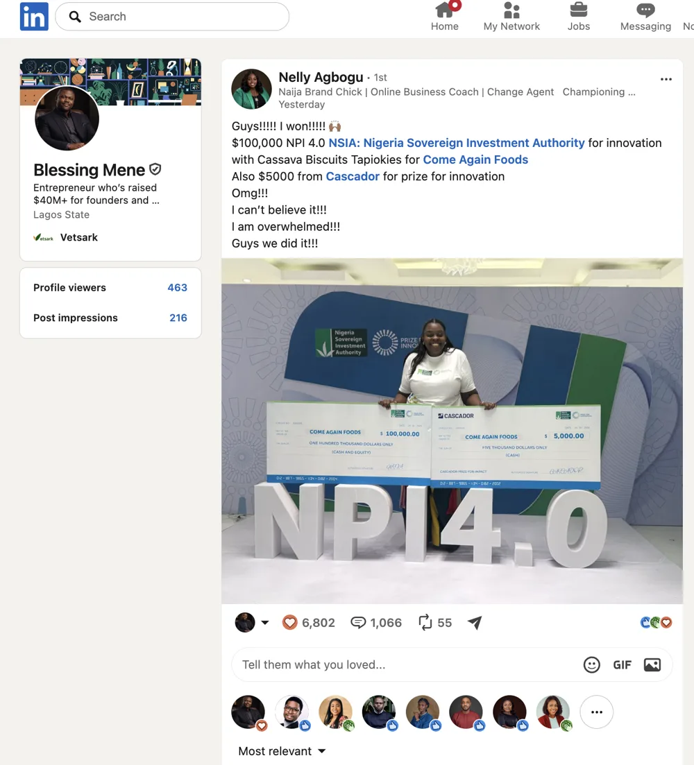Nelly Agbogu's LinkedIn post holding the NPI 4.0 and Cascador prize cheques for Come Again Foods