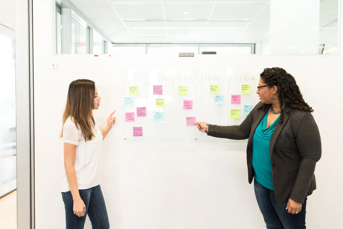 Colleagues planning on a whiteboard